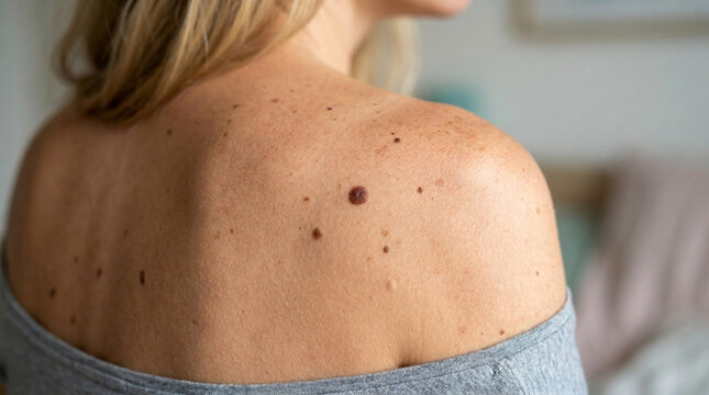 Close up of a womans back showing moles birthmarks and freckles on her skin