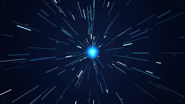Abstract light lines moving fast toward glowing center point in dark space tunnel motion background.
