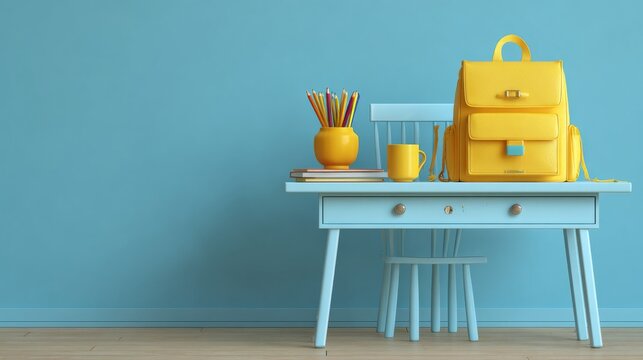 3d rendered school desk with organized school accessories and a bright yellow backpack on a blue background, modern educational supplies composition for back to school, classroom learning, student ess