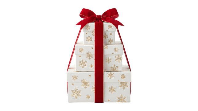 Stack of three white christmas gift boxes with gold snowflake pattern and red velvet ribbon isolated on white isolated on transparent background