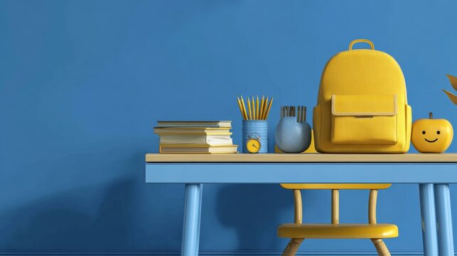 3d rendered school desk with organized school accessories and a bright yellow backpack on a blue background, modern educational supplies composition for back to school, classroom learning, student ess