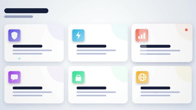 Clean grid layout interface animation displaying colorful feature icons