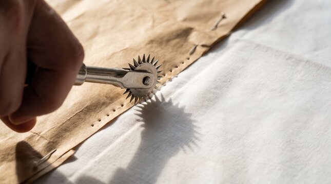 Close-up of hand using a metal tracing wheel to mark a paper pattern on white fabric, capturing precise garment construction and professional dressmaking for fashion design tutorials.