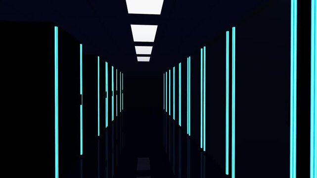 Modern Dark Server Room Corridor Walk Through with Glowing Cyan Vertical Lights 
