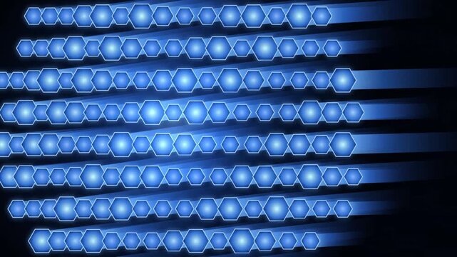 Blue hexagonal neon lights forming horizontal motion trails against dark digital background.