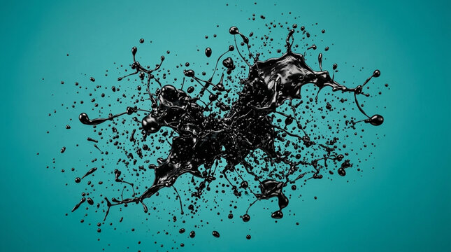 Abstract black liquid splash explosion on teal background fluid dynamics energetic motion ink drop art