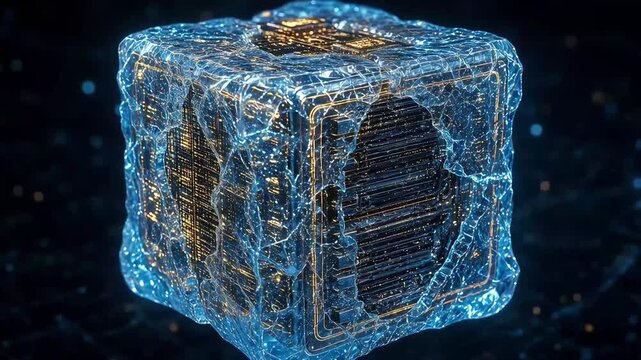 Futuristic glowing energy cubes floating in dark space