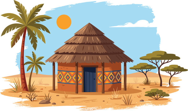 Traditional African mud hut with thatched roof in desert landscape with palm trees sun and acacia bushes vector illustration