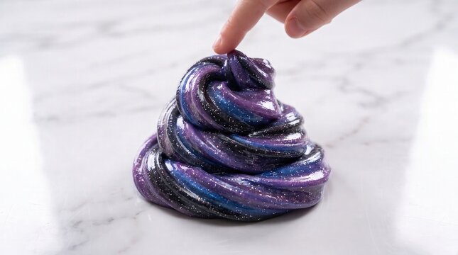Child finger touching galaxy slime on a marble surface with cosmic glitter swirls, featuring sensory play and stress relief for educational craft activity and ASMR toy marketing.