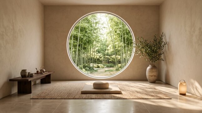 Zen Meditation Room with Bamboo Garden View