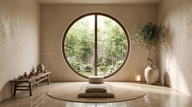 Zen Meditation Room with Bamboo Garden View