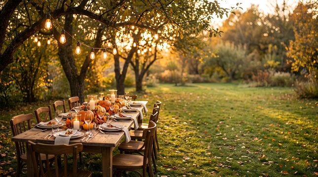 Long outdoor dining table set for autumn dinner under string lights