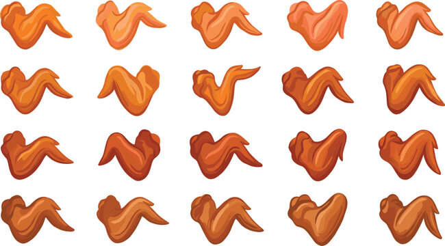 Chicken wing vector illustration set featuring crispy fried chicken wings fast food snack symbols buffalo wings graphics collection on white background