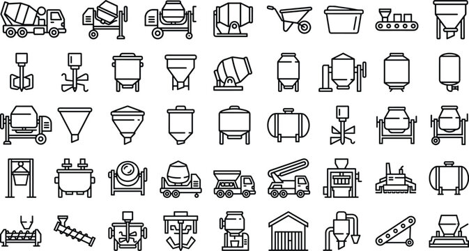 Concrete mixer icon vector set featuring cement truck symbols industrial construction machinery graphics storage silo outlines and building equipment line elements