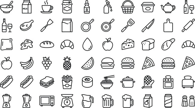 Kitchenware cooking icon vector set featuring grocery food symbols kitchen appliance graphics fruit elements and restaurant menu line art collection