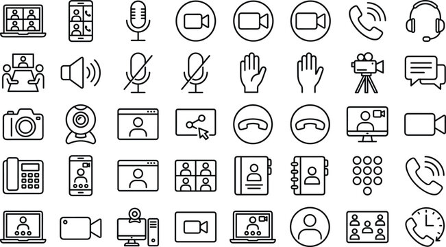Video conference icon vector set featuring online meeting symbols webinar communication graphics remote work business calls and digital corporate line art elements