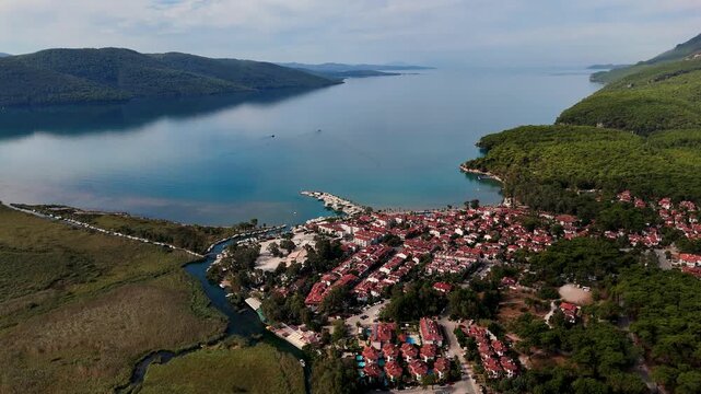 Aerial View of Akyaka Coastal Town and Azmak River in Mugla Turkey