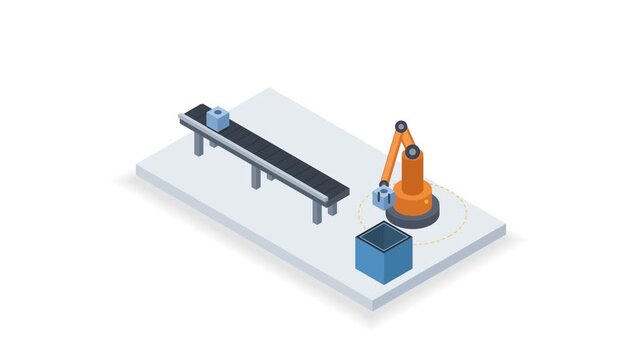 Seamless loop isometric robot arm picking parts on a factory line