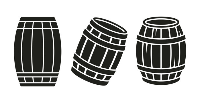Black and white wooden barrel icons set for beverage storage vector