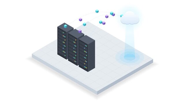 Seamless loop isometric server racks sending data packets to the cloud