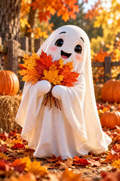 Cute Ghost Holding Autumn Leaves in a Pumpkin Patch