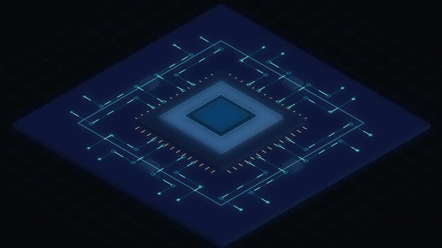isometric microchip cpu processor motherboard data flow technology motion graphic