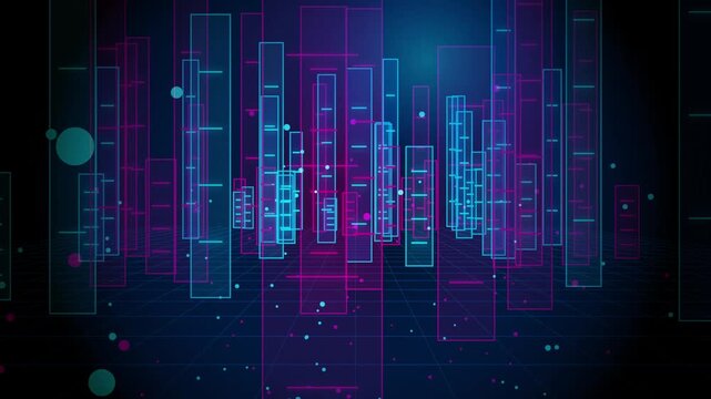Abstract digital bars moving rhythmically in dark blue space with neon light motion graphics.