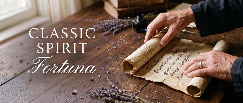 Old manuscript scroll hands unrolling vintage Latin calligraphy parchment on rustic wooden desk with dried lavender flowers and antique inkwell, historical document with secret message concept