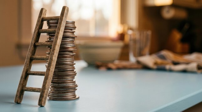 Wooden ladder leaning on coins