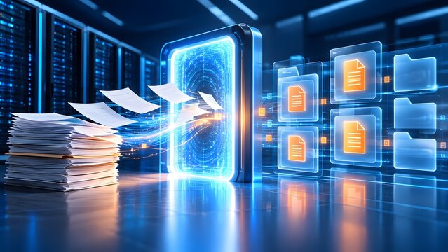 Conceptual representation of document digitalization where physical paper records are being scanned and converted into digital data files within a modern high-tech server room background.