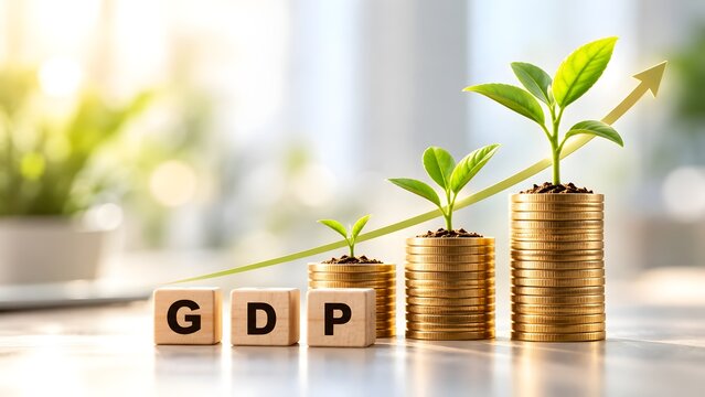 Gross Domestic Product concept featuring GDP wooden blocks alongside growing stacks of golden coins with green plants and a rising arrow representing economic growth and financial success