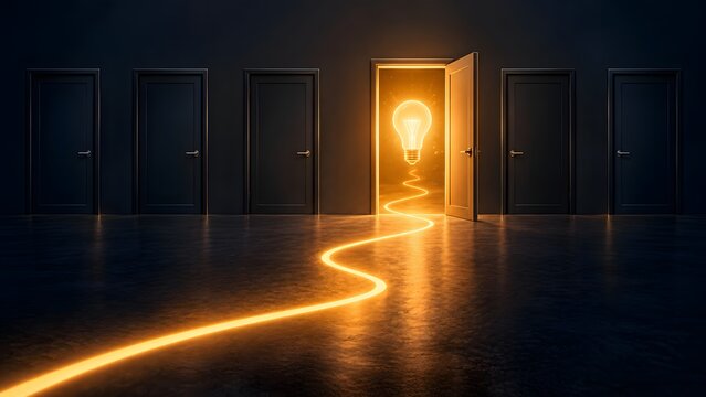 Glowing light bulb inside an open door with a bright luminous path leading to it among multiple closed doors, representing creative opportunity, innovative thinking, business success, and choice.
