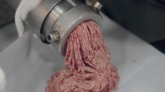 Man prepares ground meat using a meat grinding machine in a kitchen