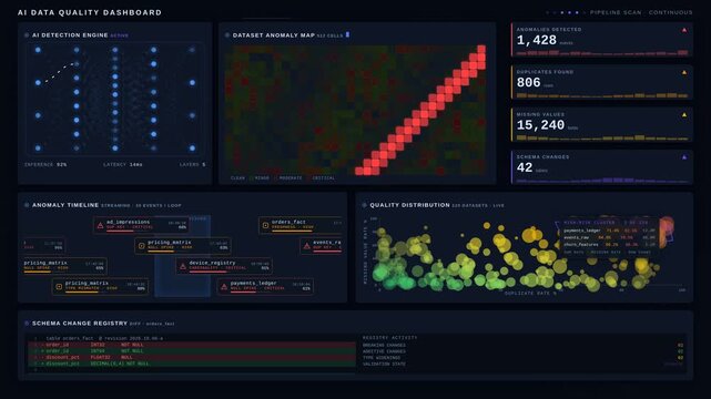 Explore the AI Data Quality Dashboard featuring animated visualizations of anomalies, duplicates, missing values, and schema changes with an engaging design aesthetic.