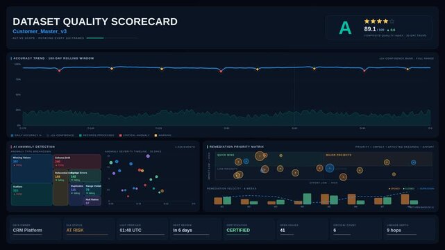 Explore the sophisticated 4K dataset quality scorecard featuring accuracy trends, anomalies, and remediation priorities designed for C-suite data review screens.