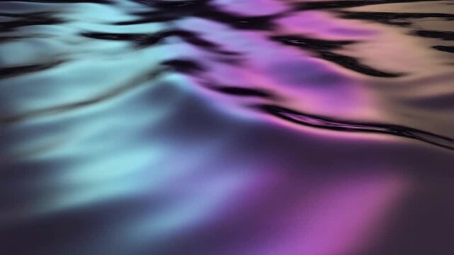 Iridescent chrome liquid rippling surface with soft purple and blue