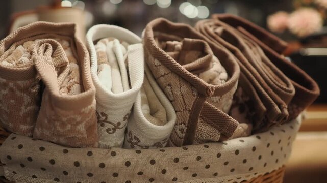 A beautifully arranged display of rolled towels placed inside a basket at a retail store