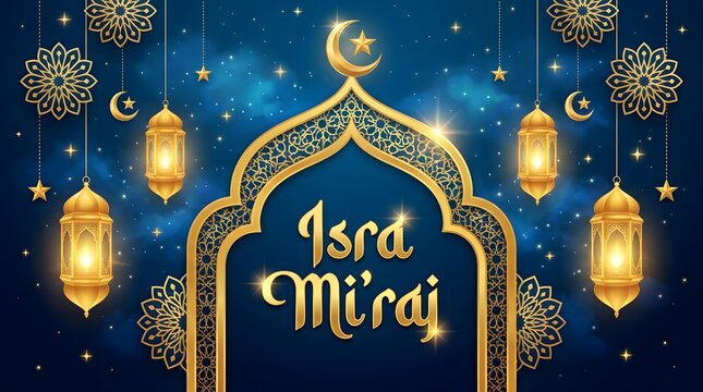 Isra Mi'raj horizontal header banner with dark blue background, glowing golden lanterns, ornate gold arch frame, and mandala borders.