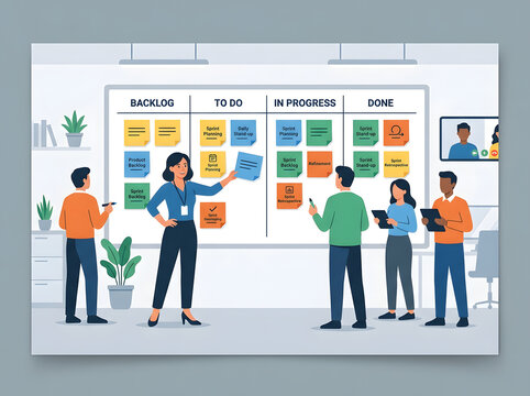 Agile team planning workflow on a scrum board in a modern office space.