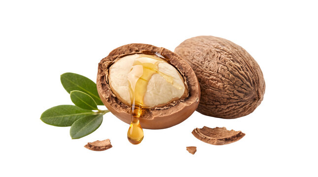 Shea nut with oil dripping on the kernel and green leaves isolated on transparent background