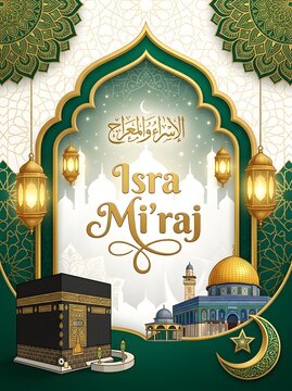 Vertical Isra Mi'raj poster with deep green arch, golden lanterns, 3D Kaaba illustration, Al-Aqsa dome, and golden crescent moon.