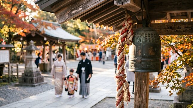 Traditional Japanese Shinto shrine bell and rope in foreground with blurred family wearing kimono during autumn celebration