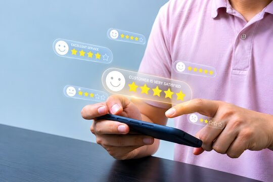 Customer review satisfaction feedback survey concept, user giving five-star review feedback. digital marketing concept for SEO visibility and reputation growth, Concept of online shopping experience.