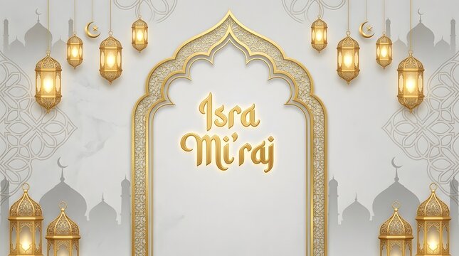 Clean white and gold Isra Mi'raj banner design with elegant Islamic arch, hanging lanterns, and subtle wall pattern texture.
