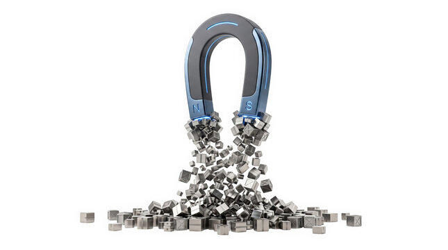 A large horseshoe magnet attracting many small metal cubes