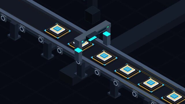 Isometric pixel art conveyor belt with futuristic boxes in motion loop