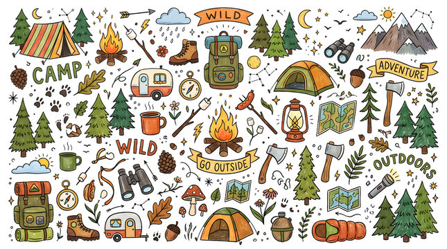 Camping and hiking adventure doodle set with tents, backpacks, campfires, and outdoor equipment isolated on transparent background