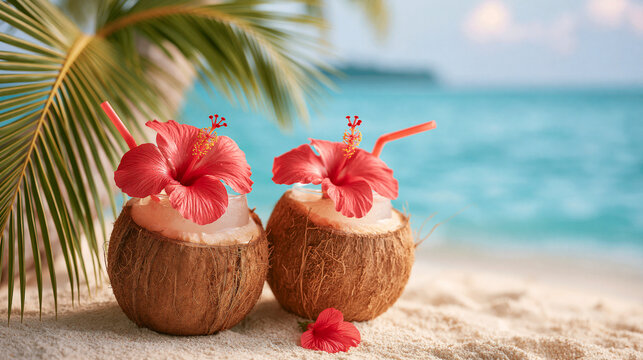 Two refreshing coconut drinks topped with bright hibiscus flowers on tropical sandy beach during sunny vacation travel.