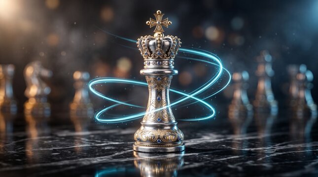 The King's Gambit: A regal chess king piece, adorned with a golden crown, stands as the central focus on a marble board, surrounded by other chessmen, its aura emphasized by swirling blue energy.