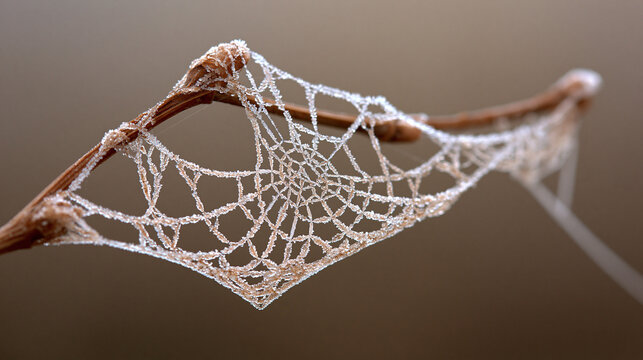 Delicate frozen spiderweb clinging tightly to brown tree branches against a clean smooth white background